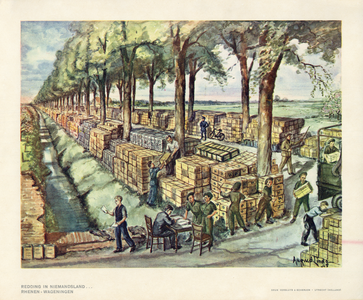 136061 Afbeelding van geallieerde militairen die kisten met voedselpakketten, die tussen Rhenen en Wageningen klaar ...